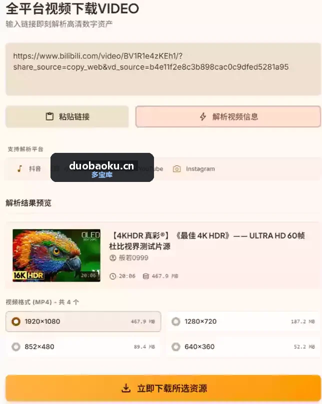 视频下载器Videdown v1.0.9 可下载抖音/B站/小红书等上千平台 界面截图
