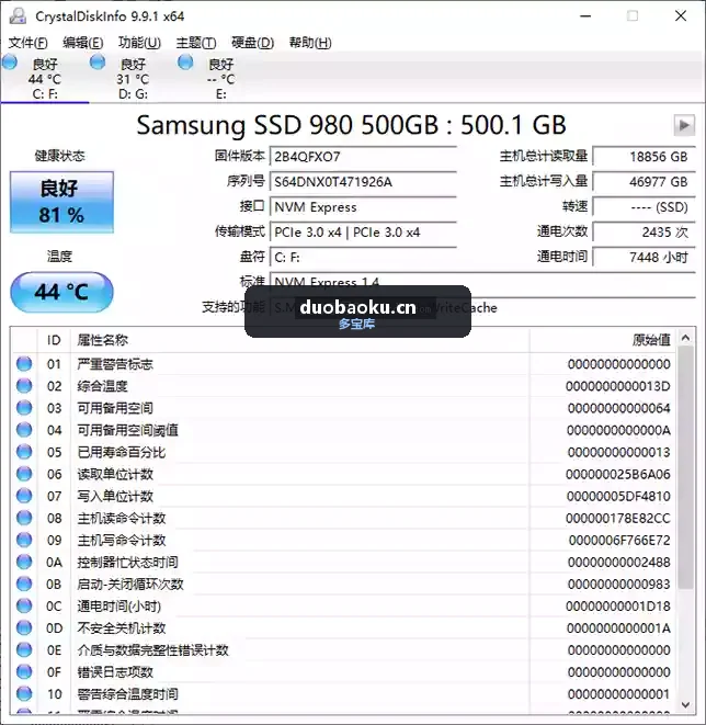 CrystalDiskInfo_v9.9.1单文件绿色版 硬盘检测及监控工具 界面截图